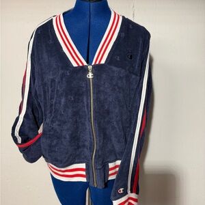 Champion Navy Terry cloth gold Zip-Up Jacket with Red and White Stripes